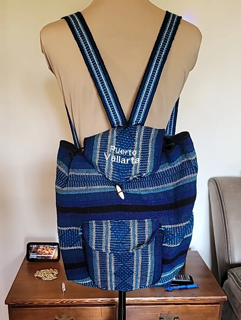 Blue Striped Woven Backpack 